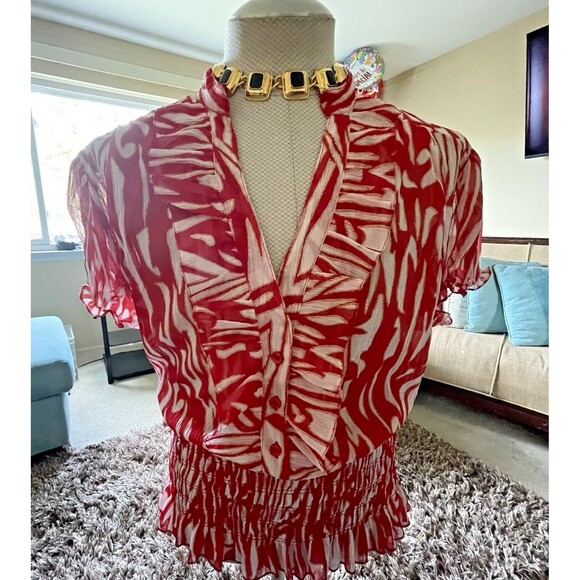 Vintage Erica Brooke Women's V-Neck Ruffle Top Blouse Sze 24 Short Sleeve Career - Picture 6 of 11